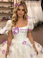 White Tulle Puff Sleeve 3D Flower Wedding Dress
