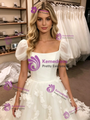White Tulle Puff Sleeve 3D Flower Wedding Dress