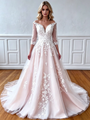 Champagne Tulle Appliques Long Sleeve Wedding Dress