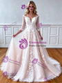 Champagne Tulle Appliques Long Sleeve Wedding Dress