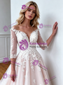 Champagne Tulle Appliques Long Sleeve Wedding Dress
