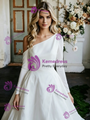 White Satin One Shoulder Long Sleeve Wedding Dress