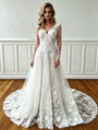 White Tulle V-neck Appliques Wedding Dress