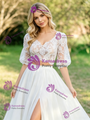 White Two Piece V-neck Lace Puff Sleeve Wedding Dress