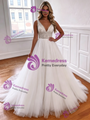White Tulle V-Neck Beading Wedding Dress