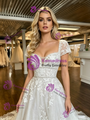 A-Line White Tulle Appliques Cap Sleeve Wedding Dress