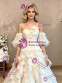 White Tulle Strapless Puff Sleeve 3D Flower Wedding Dress