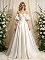 Ivory Satin Strapless Puff Sleeve Beading Wedding Dress