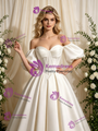 Ivory Satin Strapless Puff Sleeve Beading Wedding Dress