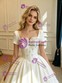 Ivory Satin Short Sleeve Beading Wedding Dress