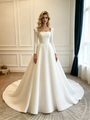 White Satin Long Sleeve Flower Wedding Dress