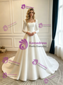 White Satin Long Sleeve Flower Wedding Dress