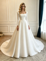 White Satin Long Sleeve Flower Wedding Dress