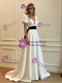 Simple White Satin V-Neck Puff Sleeve Wedding Dress