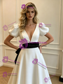 Simple White Satin V-Neck Puff Sleeve Wedding Dress