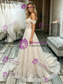 Simple Champagne Lace Off The Shoulder Wedding Dress