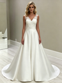 White Satin V-neck Lace Wedding Dress