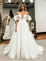 White Tulle Straps Puff Sleeve Wedding Dress