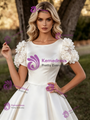 Simple White Satin Short Sleeve Flower Wedding Dress