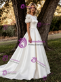 Simple White Satin Short Sleeve Flower Wedding Dress