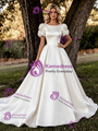 Simple White Satin Short Sleeve Flower Wedding Dress