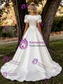 Simple White Satin Short Sleeve Flower Wedding Dress