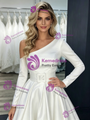 White Satin One Shoulder Long Sleeve Wedding Dress