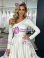 White Satin One Shoulder Long Sleeve Wedding Dress