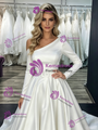 White Satin One Shoulder Long Sleeve Wedding Dress