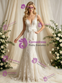 Beige White Mermaid Tulle V-Neck Wedding Dress
