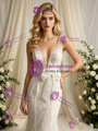 Beige White Mermaid Tulle V-Neck Wedding Dress