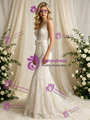 Beige White Mermaid Tulle V-Neck Wedding Dress