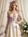 Ivory Satin Straps Long Sleeve Flower Wedding Dress