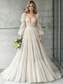 Ivory Tulle Long Sleeve Square Neck Pleats Wedding Dress