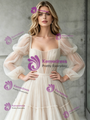 Ivory Tulle Long Sleeve Square Neck Pleats Wedding Dress