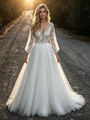 White Tulle Lace V-Neck Long Sleeve Wedding Dress