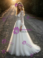 White Tulle Lace V-Neck Long Sleeve Wedding Dress