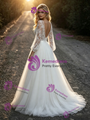 White Tulle Lace V-Neck Long Sleeve Wedding Dress