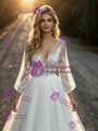 White Tulle Lace V-Neck Long Sleeve Wedding Dress