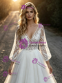 White Tulle Lace V-Neck Long Sleeve Wedding Dress