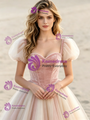 Pink Square Neck Tulle Puff Sleeve Wedding Dress