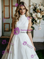 White Satin High Neck Sleeveless Wedding Dress