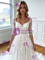 Tulle Lace Appliques Backless Short Sleeve Wedding Dress