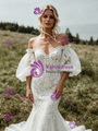 Sexy White Mermaid Lace Puff Sleeve Wedding Dress