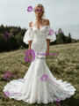 Sexy White Mermaid Lace Puff Sleeve Wedding Dress