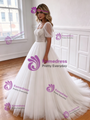 White Square Neck Tulle Puff Sleeve Beading Wedding Dress