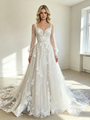 A-Line White Tulle Appliques Long Sleeve Wedding Dress