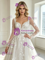 A-Line White Tulle Appliques Long Sleeve Wedding Dress