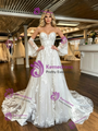 White Strapless Tulle Lace Appliques Short Sleeve Wedding Dress