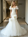 White Mermaid Tulle Puff Sleeve Wedding Dress